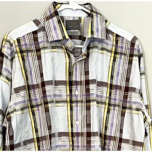 Thomas Dean Shirt Mens L Plaid Button Dn Long‎ Sleeve Yellow Purple TD Logo
